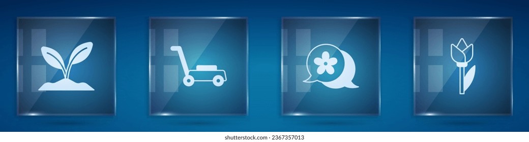 Set Sprout, Lawn mower, Flower and tulip. Square glass panels. Vector
