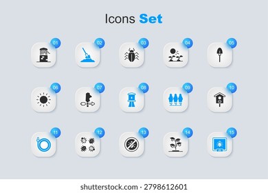 Set Sprout, Rooster weather vane, Shovel in ground, Garden hose, Colorado beetle, Bird house, Well and Water tower icon. Vector