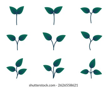 Set of sprouted plant green gradient illustrations. Nature and planting design elements. Isolated vector images