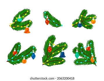 Set of spruce branches decorated with balls and garland, collection of Christmas tree branches. Colorful cartoon New Year illustration isolated on white background. Vector art