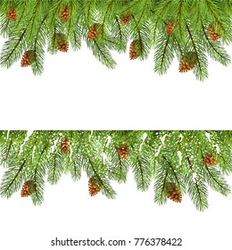Set of spruce branches with pine cones and snow. Christmas decorations isolated on white background, illustration.