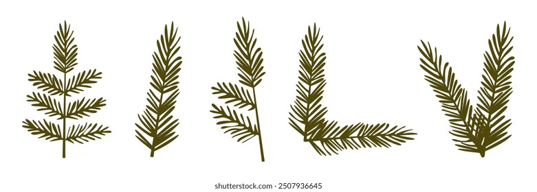 Set of spruce branches Vector Christmas illustration Christmas and New Year green coniferous plant symbols Isolated on white background. 