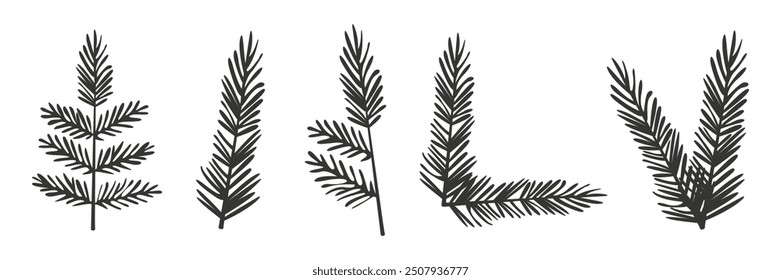Satz von Fichtenzweigen Vektorgrafik Weihnachten und Neujahr grüne Nadelbäume Symbole Einzeln auf weißem Hintergrund. 