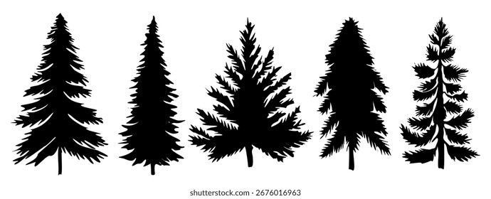 Conjunto de silhuetas de abeto, abeto e pinheiro isoladas sobre fundo branco. Elementos florestais perfeitos para o design de Natal, gráficos de natureza e ilustrações de paisagem.