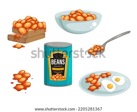 Set of spun beans in cartoon style. Vector illustration of beans with scrambled eggs, spread on bread, in a plate and spoon on white background.