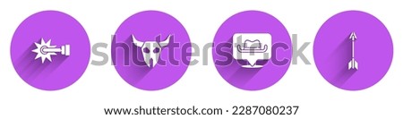 Set Spur, Buffalo skull, Location cowboy and Crossed arrows icon with long shadow. Vector