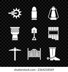 Set Spur, Bullet, Camping lantern, Pickaxe, Saloon door, Cowboy boot, Drum and Shovel icon. Vector