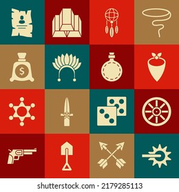 Set Spur, Old wooden wheel, Cowboy bandana, Dream catcher with feathers, Indian headdress, Money bag, Wanted western poster and Canteen water bottle icon. Vector