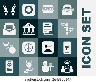 Set Spy, agent, Protest, Security camera, Censored stamp, Courthouse building, Mail and e-mail, Handcuffs on hands of criminal and Document icon. Vector