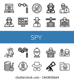 Set of spy icons such as Hack, Detective, Binoculars, Thief, Hacker, Planetarium, Cyber attack, Telescope , spy