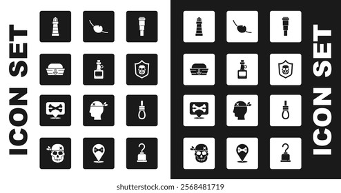 Set Spyglass telescope lens, Alcohol drink Rum, Sailor hat, Lighthouse, Shield with pirate skull, Pirate eye patch, Gallows rope loop hanging and Location icon. Vector