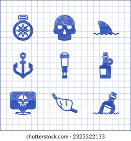 Set Spyglass telescope lens, Pirate eye patch, Bottle with message in water, Alcohol drink Rum, Skull, Anchor, Shark fin ocean wave and Compass icon. Vector