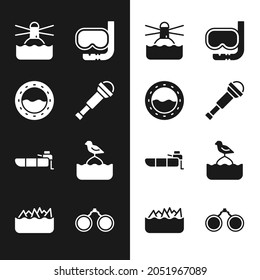 Set Spyglass telescope lens, Ship porthole, Lighthouse, Diving mask and snorkel, Inflatable boat with motor, Seagull sits on buoy, Binoculars and Sharp stone reefs icon. Vector