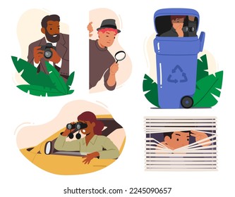 Set Spying Male Female Characters. Detective, Agent, Investigator or Business Competitor Hiding, Looking in Spyglass or Binoculars, Collecting Private Information. Cartoon People Vector Illustration