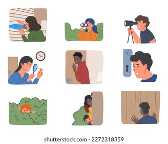 Set of spying people. Men and women hiding in bushes or behind wall, observing through binoculars, sneaking around or peeping at someone. Cartoon flat vector collection isolated on white background