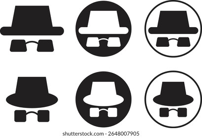 Set of spyware icons spy with hat symbols in trendy black flat styles. Hide vectors. Comedian pictogram. Incognito mood illustration private silhouette collection isolated on transparent background.