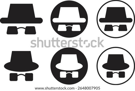 Set of spyware icons spy with hat symbols in trendy black flat styles. Hide vectors. Comedian pictogram. Incognito mood illustration private silhouette collection isolated on transparent background.