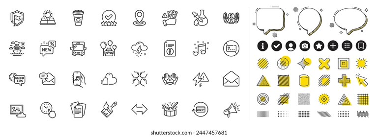 Set of Squad, Quick tips and Lightning bolt line icons for web app. Design elements, Social media icons. Refund commission, Shield, Location icons. Technical info, Ship travel, Mail signs. Vector