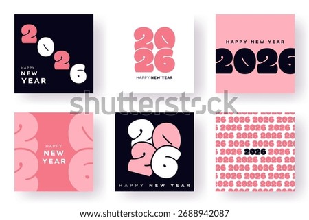 Set of square 2026 Happy New Year Banners. Stylish modern typography posters, templates for greeting card, invitation, flyer, calendar. Creative numbers logo, minimalist vector design.