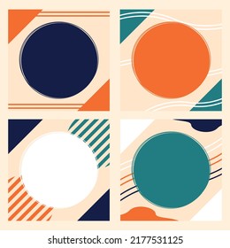 Conjunto de fondo cuadrado abstracto en color azul oscuro, azul, naranja, blanco con círculo en blanco para añadir texto dentro del vector.
