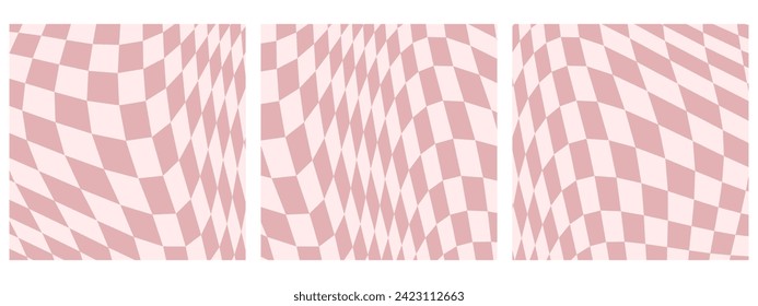 Set of Square Abstract Background Featuring Psychedelic Groovy Checkerboard Design in 1970s Hippie Retro Style. A Vector Pattern Ready for Use,  Pink color palette