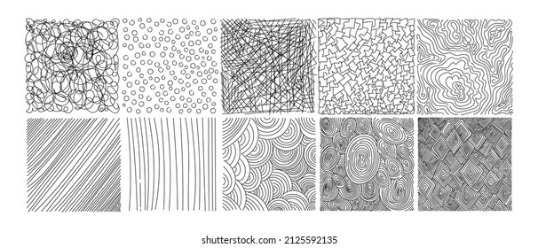 A set of square abstract backgrounds or patterns. Hand-drawn doodles. Blots, zigzags, smooth curves, lines. Modern whimsical vector illustrations. Posters, badge templates for social networks.