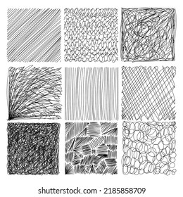 A set of square abstract backgrounds or patterns. Hand-drawn doodles. Blots, zigzags, smooth curves, lines. Modern quirky vector illustrations. Posters, badge templates for social networks.