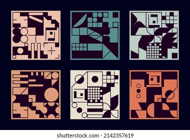 Set of square abstract banners in scandinavian style, with whimsical brutalistic geometric shapes