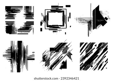 Set of square abstract black shapes, brush strokes templates. Grunge elements