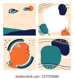 Set of square abstract darkblue, blue, orange, white in several shapes background. Square poster, greeting carde, banner for the site with an empty place to enter text. 