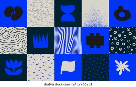 Set of square abstract geometric compositions, Hand drawn playful naive geometric unusual shapes and texture, minimalistic bizarre collage in matisse style, flat color vector pattern set 2