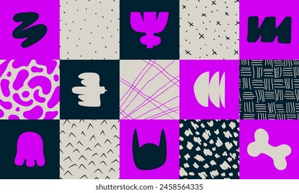 Set of square abstract geometric compositions, Hand drawn playful naive geometric unusual shapes and texture, minimalistic bizarre collage in matisse style, flat violet color vector pattern set 3