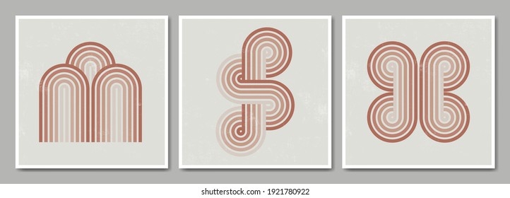 Set of square abstract geometric posters with balance shapes. Mid-century contemporary minimal style. Design for wallpaper, wall decor, print, cover, card, social media, banner. Vector illustration