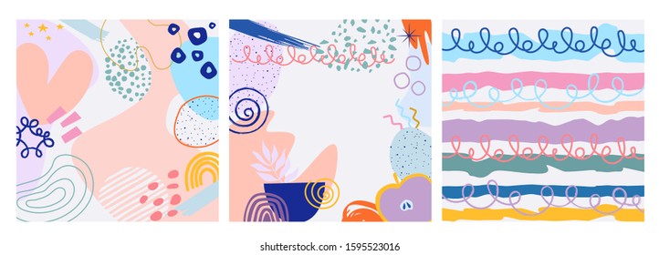 Set of square abstract hand drawn various background for mobile app, social media content. Minimalist modern trendy vector illustration. Editable vector illustration.