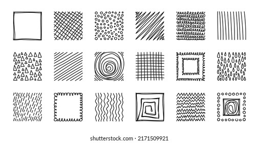 Set of square abstract line black backgrounds or patterns. Set of rectangle contemporary hand drawn doodle shapes backdrop. Spots, drops, curves, Lines. Contemporary modern trendy Vector illustration.