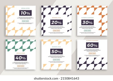 Set of square advertising web banners for social media mobile applications. Elegant sale and discount promo backgrounds with geometric pattern. Vector editable background EPS 10