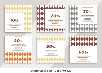 Set of square advertising web banners with geometric pattern. Trendy sale and discount promo backgrounds for social media mobile applications. Vector editable background EPS 10