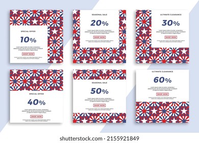 Set of square advertising web banners with stars geometric pattern. Patriotic sale and discount promo backgrounds for social media mobile applications. Vector editable background EPS 10