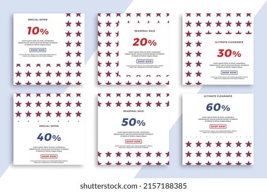 Set of square advertising web banners with stars geometric pattern. Patriotic sale and discount promo backgrounds for social media mobile applications. Vector editable background EPS 10