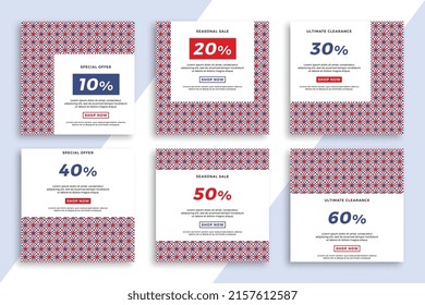 Set of square advertising web banners with stars geometric pattern. Patriotic sale and discount promo backgrounds for social media mobile applications. Vector editable background EPS 10