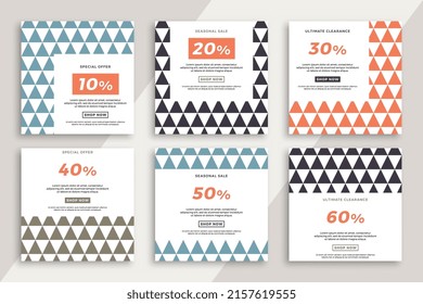 Set of square advertising web banners with geometric pattern. Trendy sale and discount promo creative backgrounds for social media mobile applications. Vector editable background EPS 10