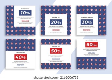 Conjunto de banners web de publicidad cuadrada con patrones geométricos de estrellas. Venta patriótica y descuento de antecedentes promocionales para aplicaciones móviles de medios sociales. EPS de fondo modificable del vector 10