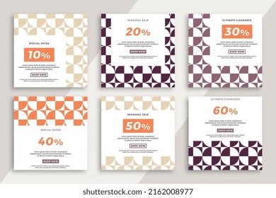 Set of square advertising web banners with geometric pattern. Trendy sale and discount promo creative backgrounds for social media mobile applications. Vector editable background EPS 10