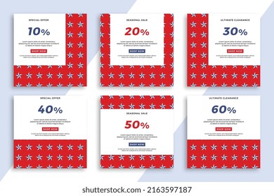 Set of square advertising web banners with stars geometric pattern. Patriotic sale and discount promo backgrounds for social media mobile applications. Vector editable background EPS 10