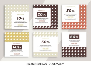 Set of square advertising web banners with geometric pattern. Trendy sale and discount promo creative backgrounds for social media mobile applications. Vector editable background EPS 10