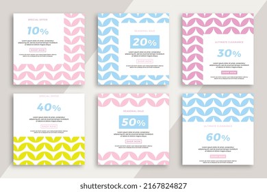 Set of square advertising web banners with geometric pattern. Modern sale and discount promo creative backgrounds for social media mobile applications. Vector editable background EPS 10