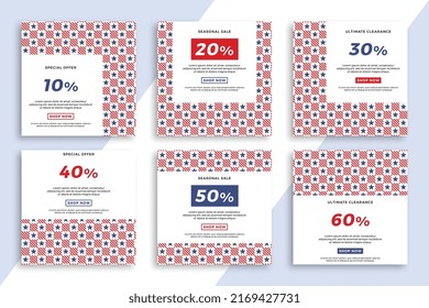 Set of square advertising web banners with stars geometric pattern. Patriotic sale and discount promo backgrounds for social media mobile applications. Vector editable background EPS 10