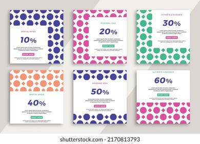 Set of square advertising web banners with geometric pattern. Trendy sale and discount promo creative backgrounds for social media mobile applications. Vector editable background EPS 10