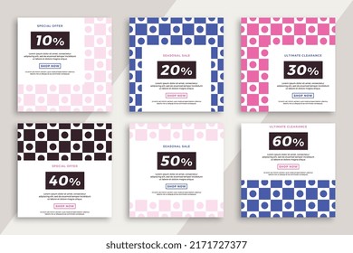 Set of square advertising web banners with geometric pattern. Trendy sale and discount promo creative backgrounds for social media mobile applications. Vector editable background EPS 10
