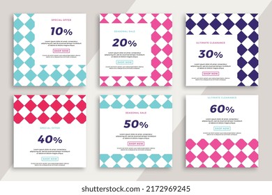 Conjunto de banners web de publicidad cuadrada con un patrón geométrico. Venta de moda y descuento promocional de fondos creativos para aplicaciones móviles de medios sociales. EPS de fondo modificable del vector 10